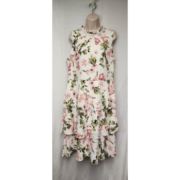 Jessica Howard Printed Floral Tiered Dress Ivory Size 16 Color Cream/Pink - Picture 4 of 14